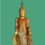 Buddhafigur aus Holz in Orange/Gold, Varada-Mudra, 189cm