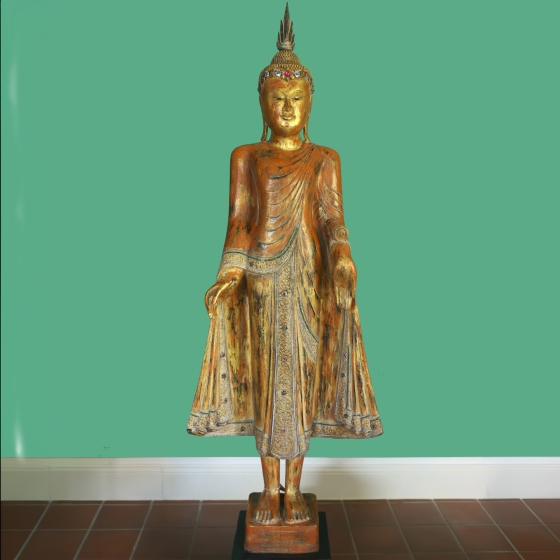 Buddhafigur aus Holz in Orange/Gold, Varada-Mudra, 180cm