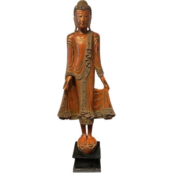 Buddhafigur aus Holz in Orange/Gold, Varada-Mudra, 174cm