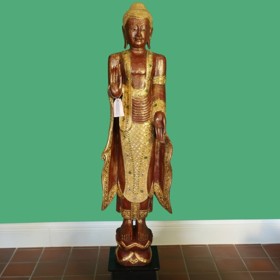 Buddhafigur aus Holz in Rot/Gold, Abhaya-Mudra, 180cm